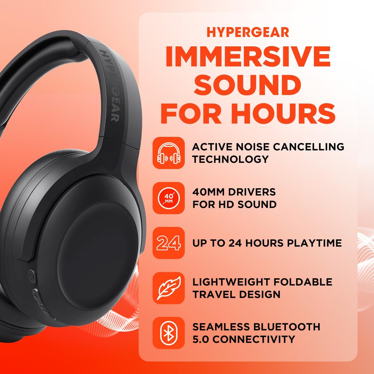 HyperGear Headphones Wireless - Black Active Noise Cancelling Headphones Over Ear Bluetooth HD Audio Deep Bass Dual Noise Canceling Mics ANC Gym…