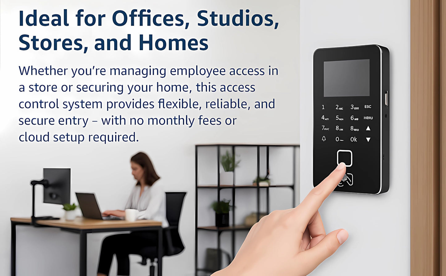 Biometric Access Control System with Fingerprint, Keypad, RFID, Infrared Exit Button, 1200lb Magnetic Lock, LCD Display, USB Download, Attendance