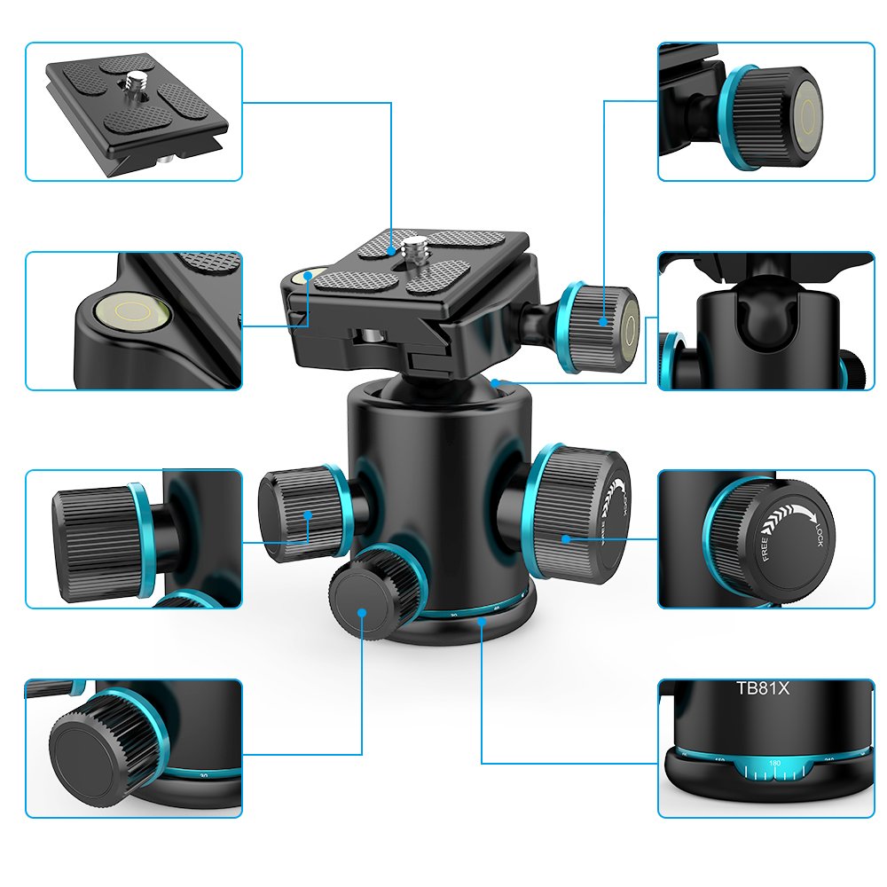 Andoer Tb81X Tripod Ball Head 360 Degree Rotating Panoramic Camera Quick Release Ball Head for Tripod Monopod Slider DSLR Camera with 3Pcs 1/4"