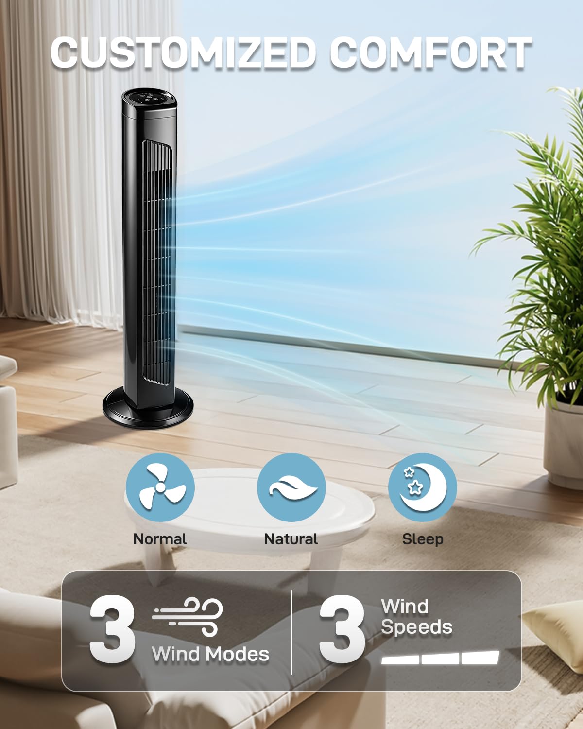 Pinikuyiro 32" Black Bladeless Tower Fan for Cooling for Home Office Bedroom, Ultra-Quiet, Portable Floor Fan with Remote Control, Adjustable 90°