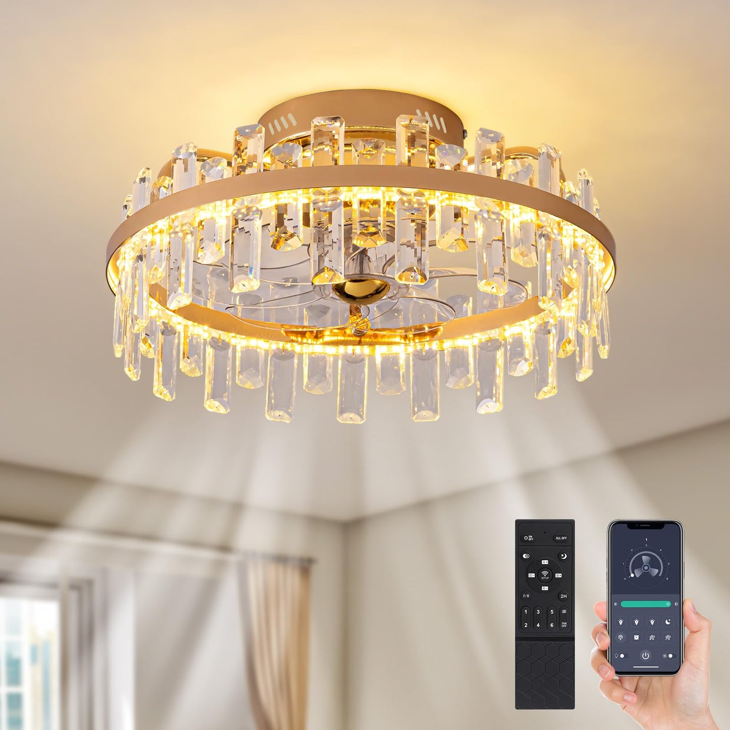 CROSSIO 20" Crystal Ceiling Fans with Lights Remote Control Dimmable 6 Speeds Reverible Timer Gold Fandelier for Bedroom Dining Room Living Room