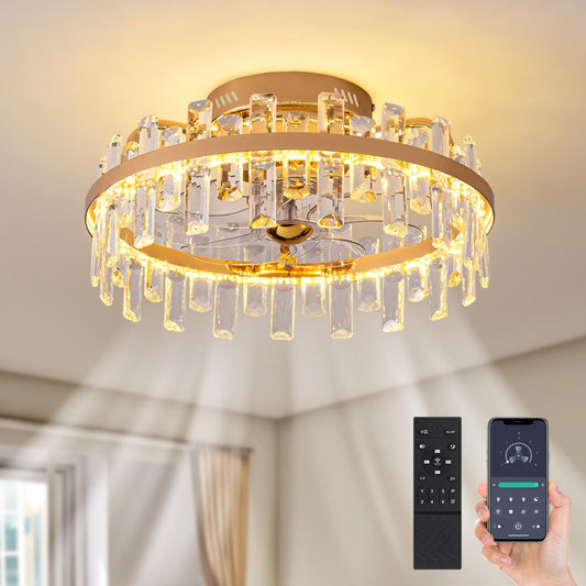 CROSSIO 20" Crystal Ceiling Fans with Lights Remote Control Dimmable 6 Speeds Reverible Timer Gold Fandelier for Bedroom Dining Room Living Room