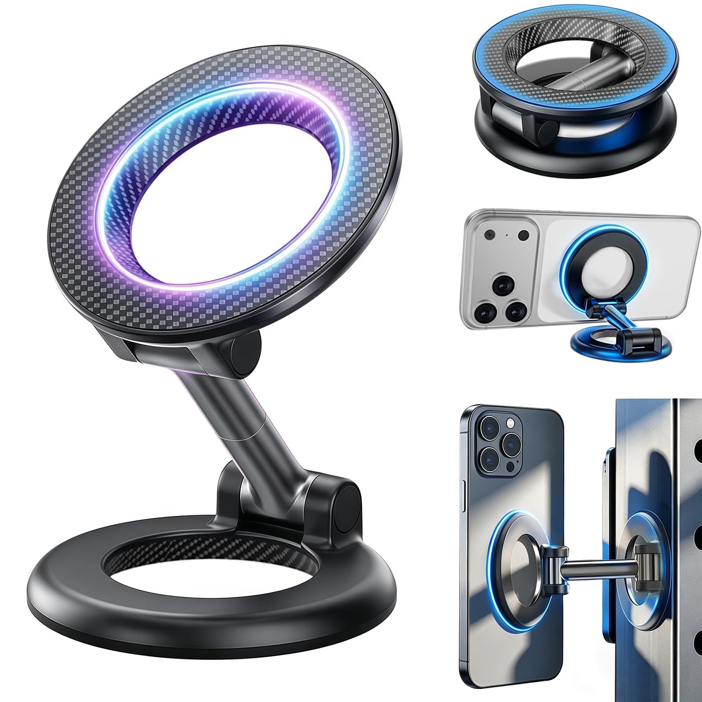 PKYAA Magnetic Ring Phone Holder [Dual-Sided Magnetic] [Super Magnet] [Carbon Fiber] 2026 Upgraded Foldable Double Magnet Phone Mount for Magsafe