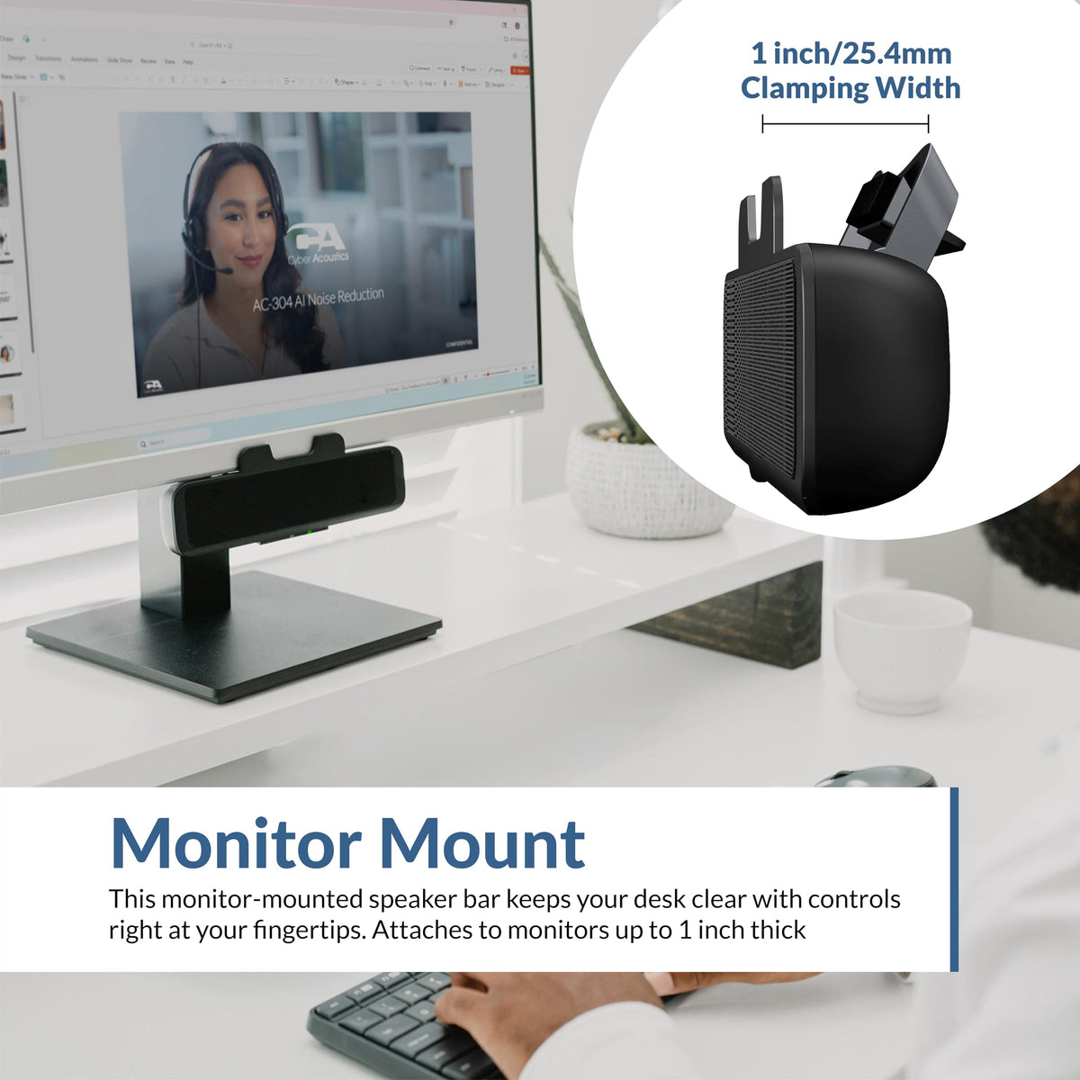 Cyber Acoustics CA-2890 USB Speaker Bar, 10W, Clip-On Monitor Mount Design