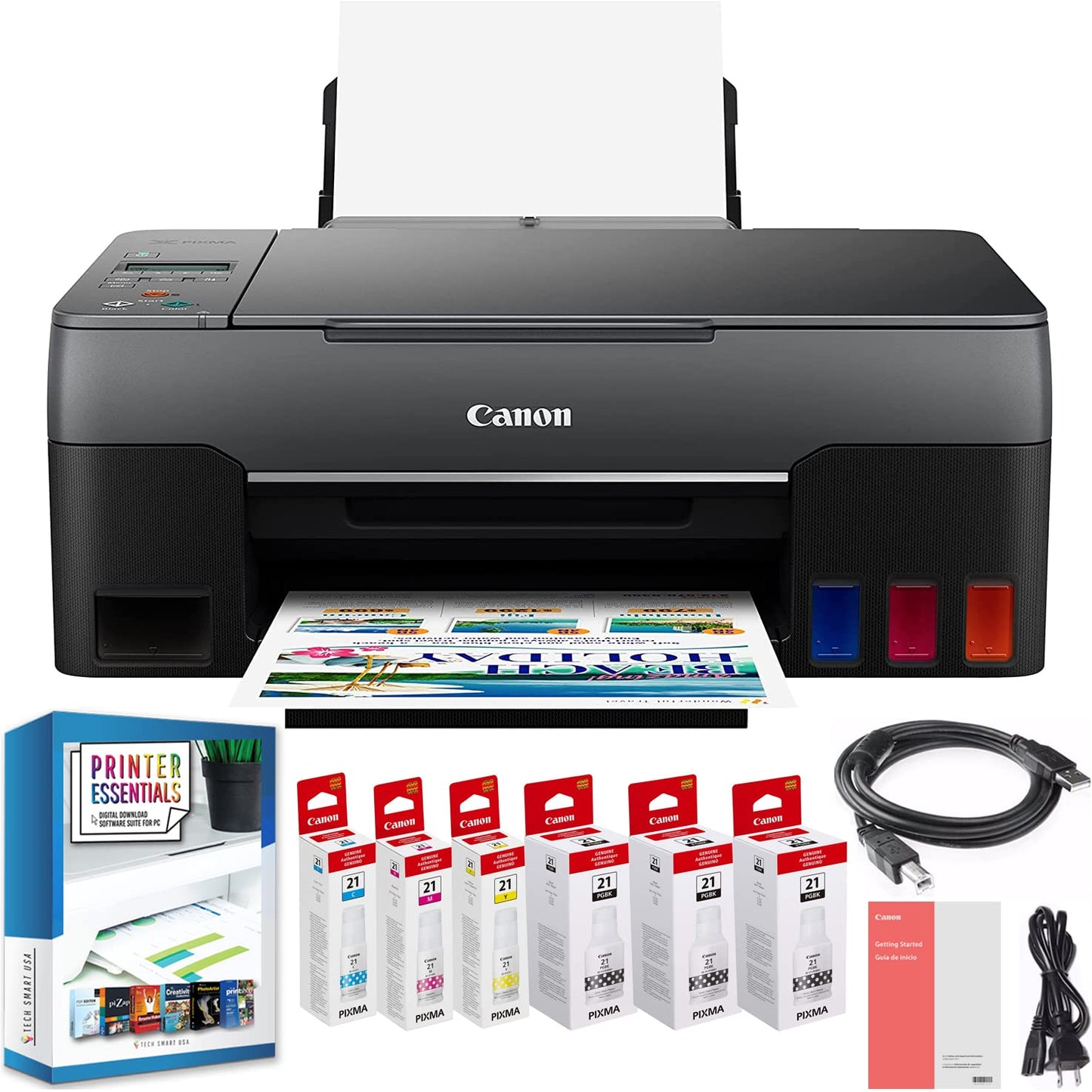 Canon Pixma G2260 All-in-One MegaTank Wired Printer with Print, Copy, Scan, Photo Printing 4466C002 and High Yield Refillable Tanks, Ink Set + 2 Extra