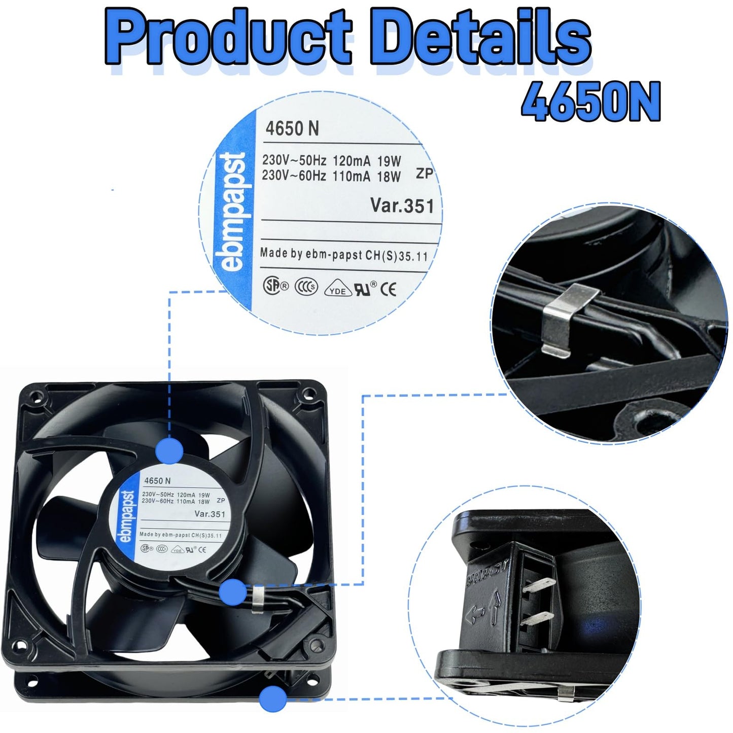 for ebmpapst Cooling Fan 4650N, All Metal High Temperature Resistant Axial Cooling Fan 2-Pin 120x120x38mm AC 230V 50/60Hz 0.12A