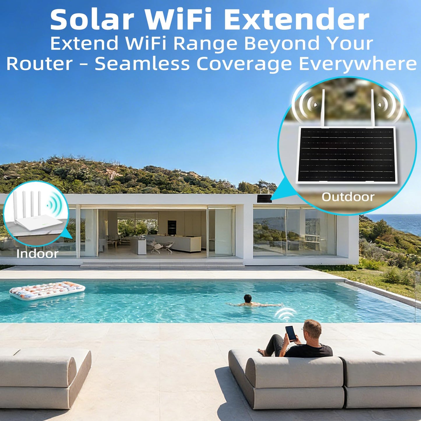 Solar Outdoor WiFi Extender, Coverage Up to 200 Feet,2.4G WiFi Extender,Wireless Signal Booster, WiFi Repeater 300Mbps,WiFi Amplifier with 27000mAh