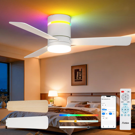 Amico 42 Inch RGB Ceiling Fans with Lights, Low Profile, app/remote, White