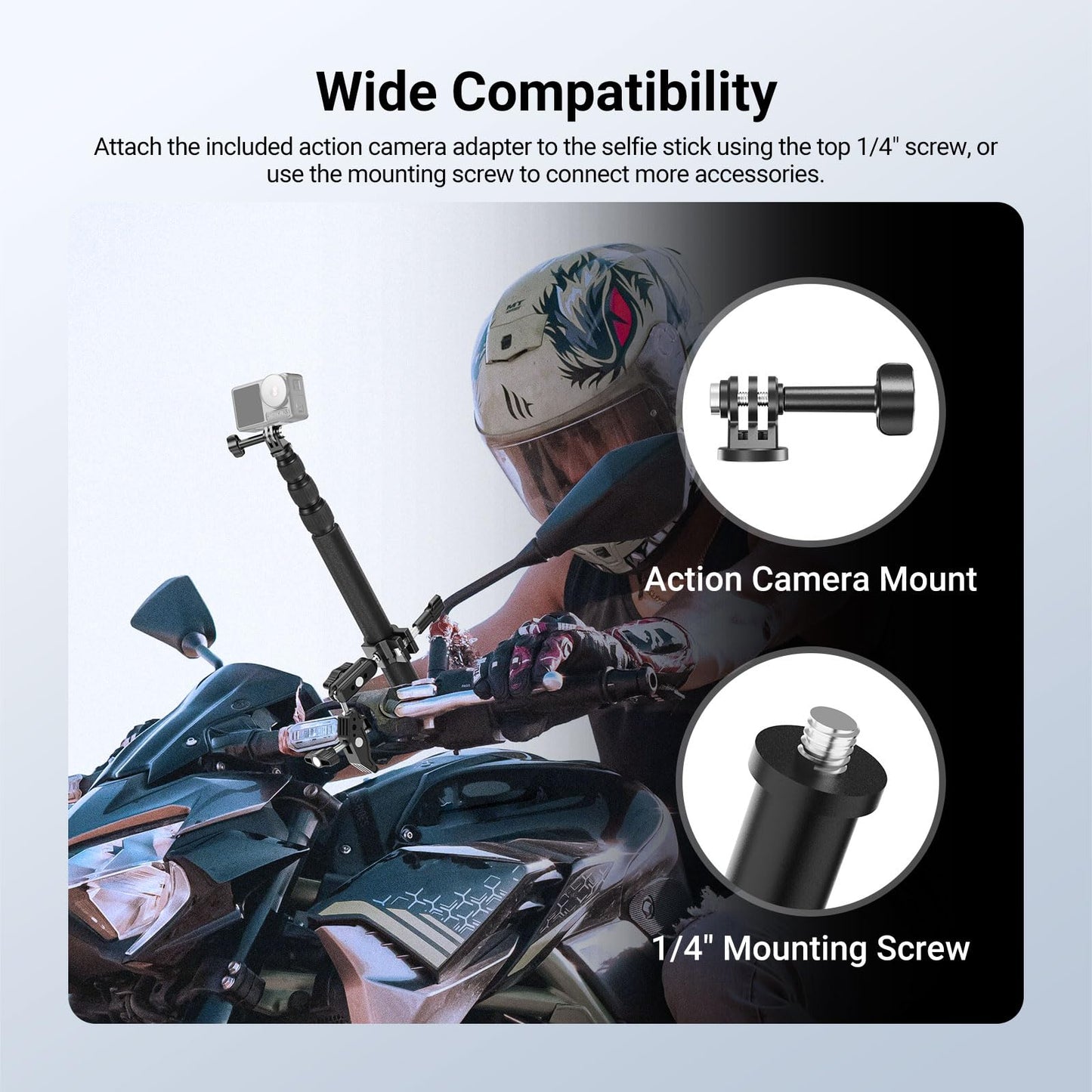 NEEWER Motorcycle Mount Accessories Kit Compatible with GoPro Insta360 DJI, Bike Tail Handlebar Invisible Selfie Stick Double Clamp Holder with Action