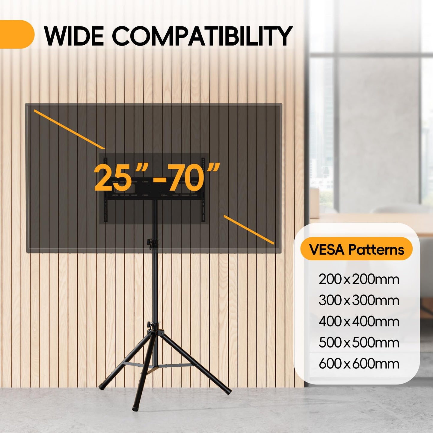 UEAKPIC Portable Tripod TV Stand for 25 to 65, 70-inch Television with ±15°Tilt, 5 Pillar Height, Dual Safety Pins, Tall Tvstand Maxi Load 110 lbs