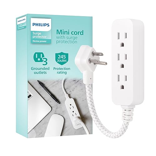 Philips 3-Outlet Grounded Mini Extension Cord with Surge Protection, 5 Inch Indoor Extension Cord, Flat Plug Power Strip, 245 Joules, Short Power