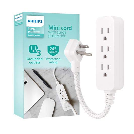 Philips 3-Outlet Grounded Mini Extension Cord with Surge Protection, 5 Inch Indoor Extension Cord, Flat Plug Power Strip, 245 Joules, Short Power