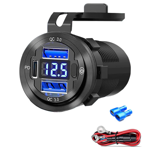 12V USB Car Socket, 3-Port Marine Aluminum USB Quick Charge Waterproof Cigarette Round USB C 12V Outlet for Car Golf Cart Boat Marine Bus Truck RV