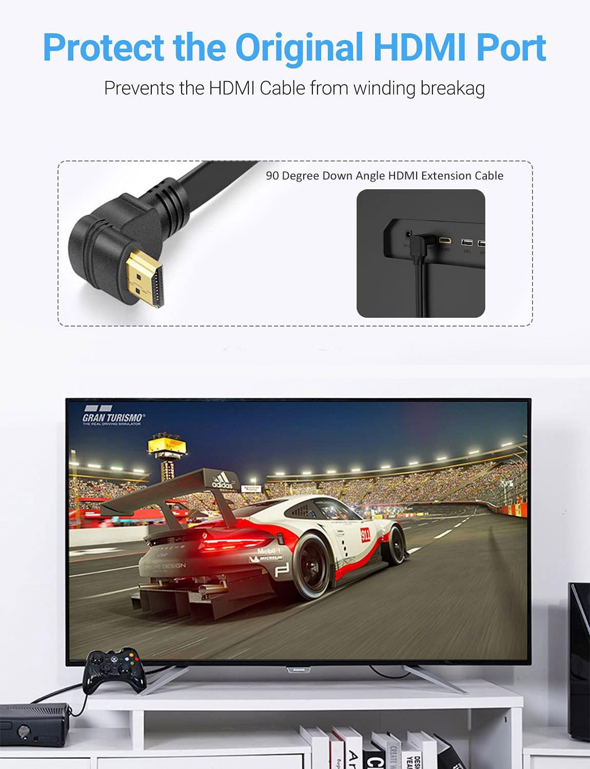 URWOOW Flat Slim High Speed HDMI Male to Male Extension Cable 90 Degree Down Angle (1 Feet) Adapter Converter Cable