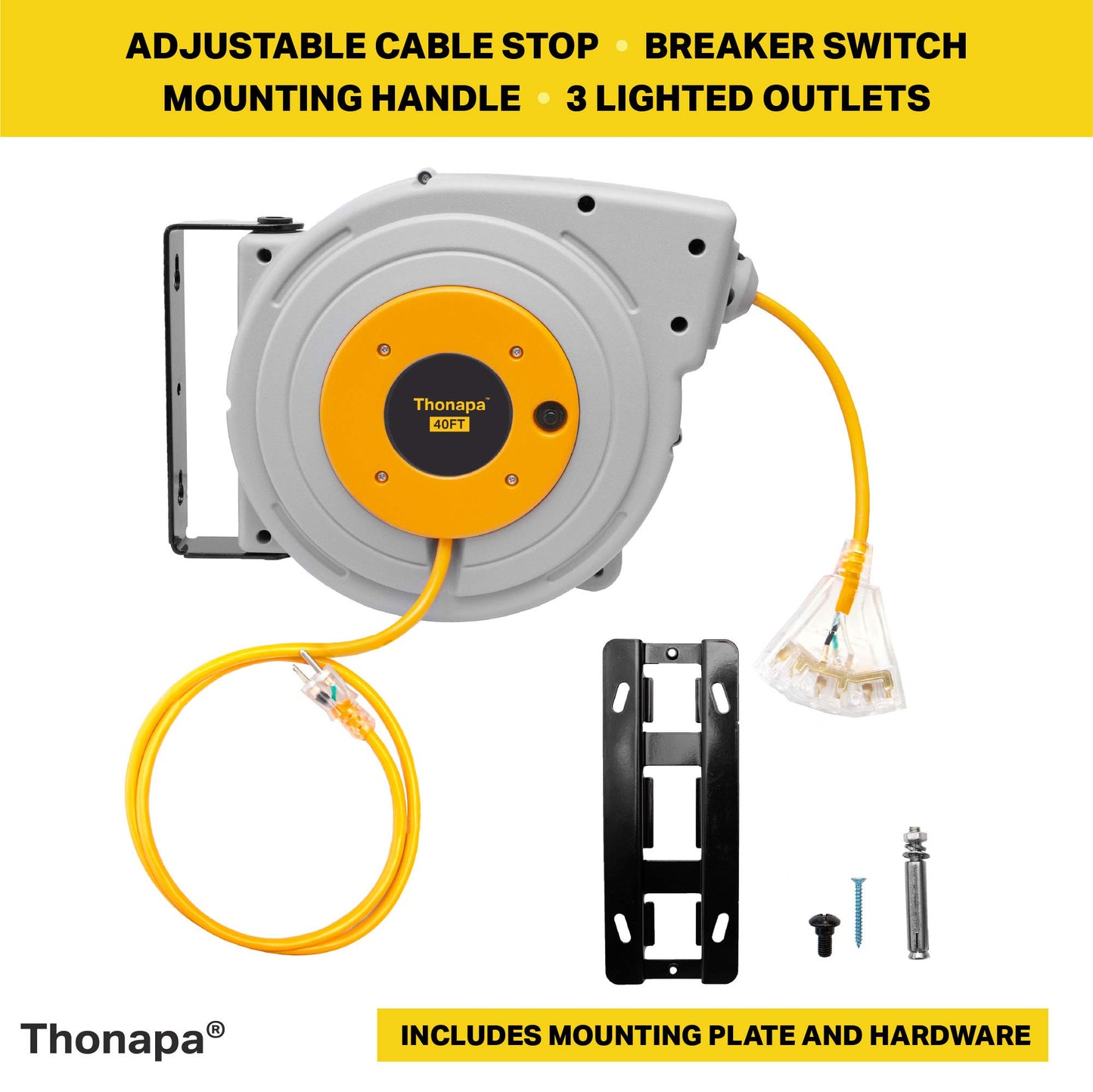 Thonapa 40 ft Retractable Heavy Duty Extension Cord Reel 3 Outlets - 12 Gauge Heavy Duty Yellow Power Cable with Multiple Outlets 15 Amp SJTW