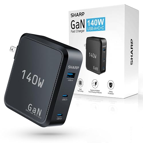 Sharp 140W USB C Charger, Compact Foldable GaN Fast Charge 3-Port (2 USB-C, 1 USB-A), Compact Foldable Wall Charger for MacBook Pro/Air, iPad Pro