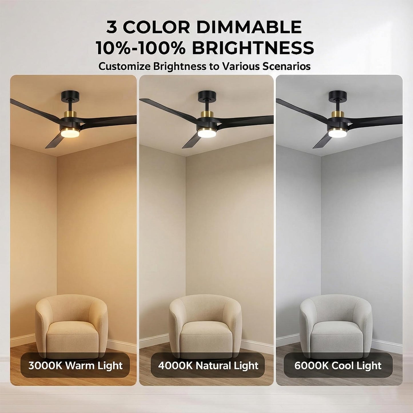 GLOVAO 56" Ceiling Fan with Lights, DC Motor, App Control, Black Gold