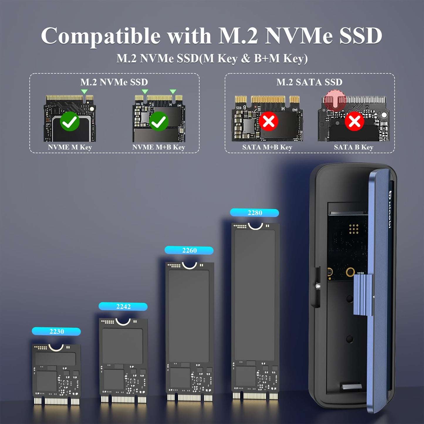 Xiaobi NVMe Enclosure, Tool-Free Installation, USB 3.2 Gen 2 (10 Gbps) to M.2 NVME M-Key/(B+M) Key SSD Adapter Support UASP and Trim, for SSDs