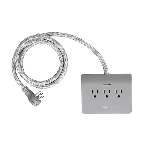 Link2Home EM-TXC202B Surge Protector, 5ft Extension, 3 Outlets Strip, 4 Ports, 4.8A USB, Braided Cable with Low Profile Plug, Grey Fabric Cord Power