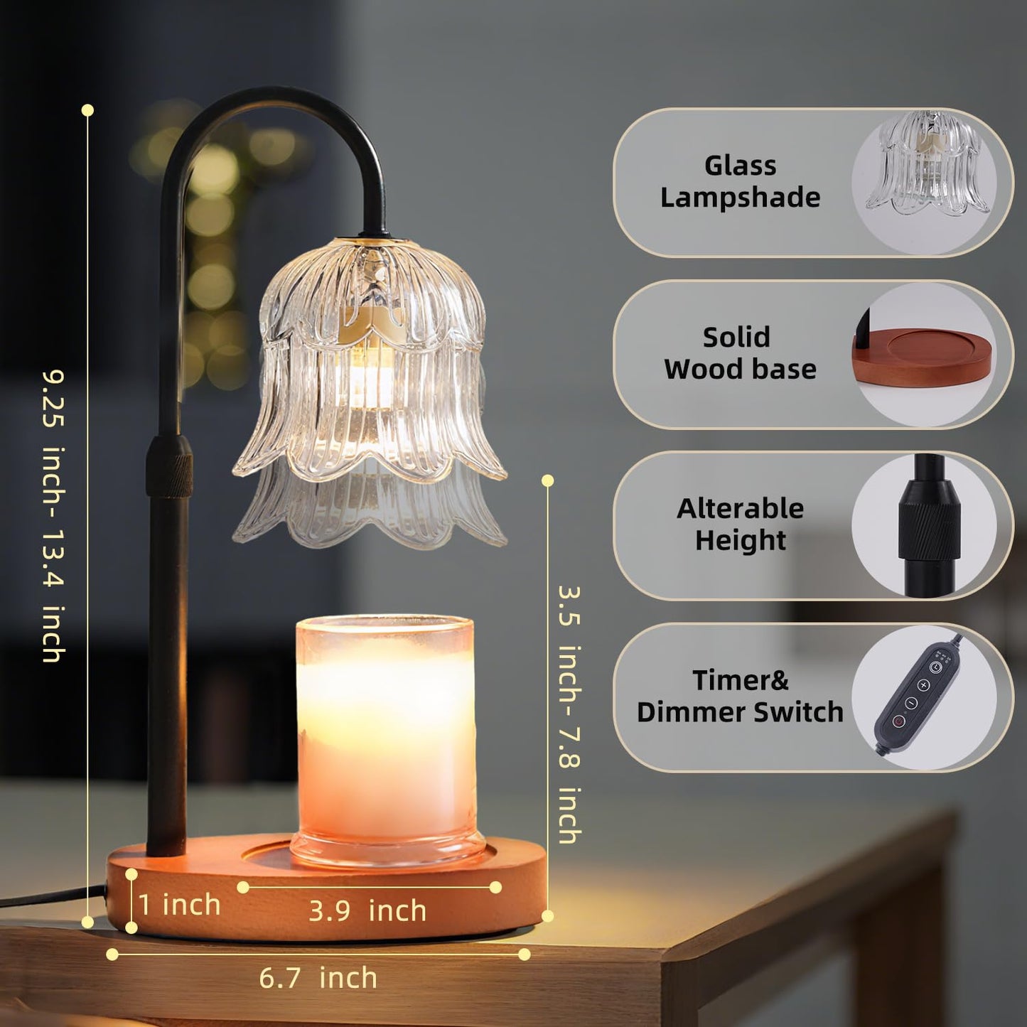 Candle Warmer Lamp with Timer: Adjustable Dimmable Height Adjustable - Flower Shape Wax Lamp Jar Candles Modern Home Decor Table Lights Glass