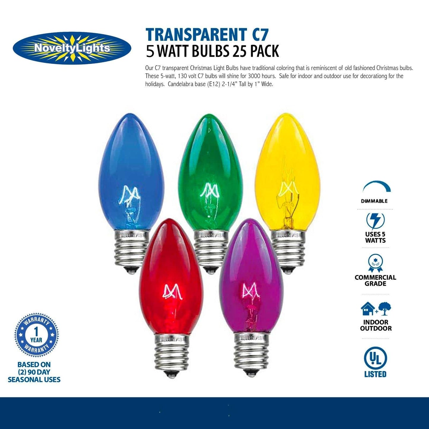 Novelty Lights Green C7 Christmas Replacement Bulbs, E12, 5 Watt, 25 Pack