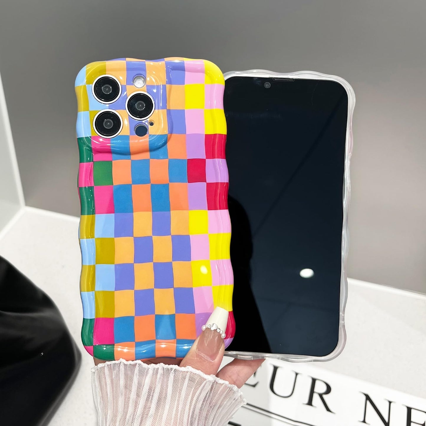 branple Compatible with iPhone 13 Case, Cute Wave Curly Colorful Checkerboard Plaid Phone Case for Women/Men, Soft TPU Shockproof Protection Case