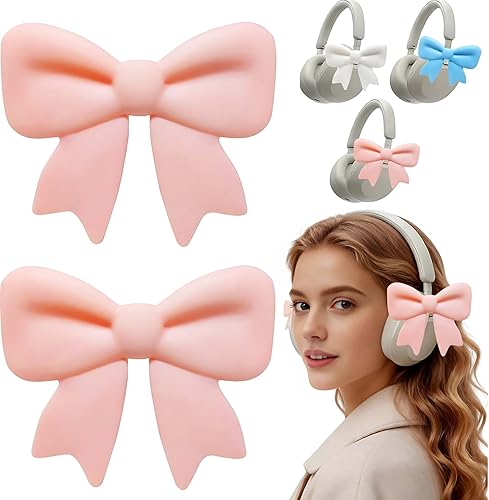 NEWFLAG 2 Pack Silicone Bow Headphone Accessory,3D Cute Clip-on Bows for Headphones,Detachable Decoration for Women,Girls and Gamers,Universal Fit