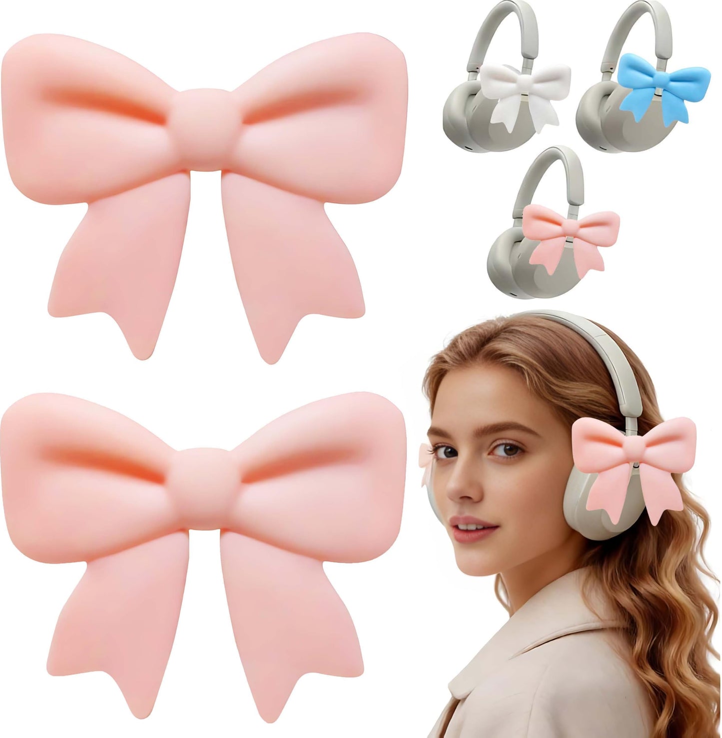 NEWFLAG 2 Pack Silicone Bow Headphone Accessory,3D Cute Clip-on Bows for Headphones,Detachable Decoration for Women,Girls and Gamers,Universal Fit