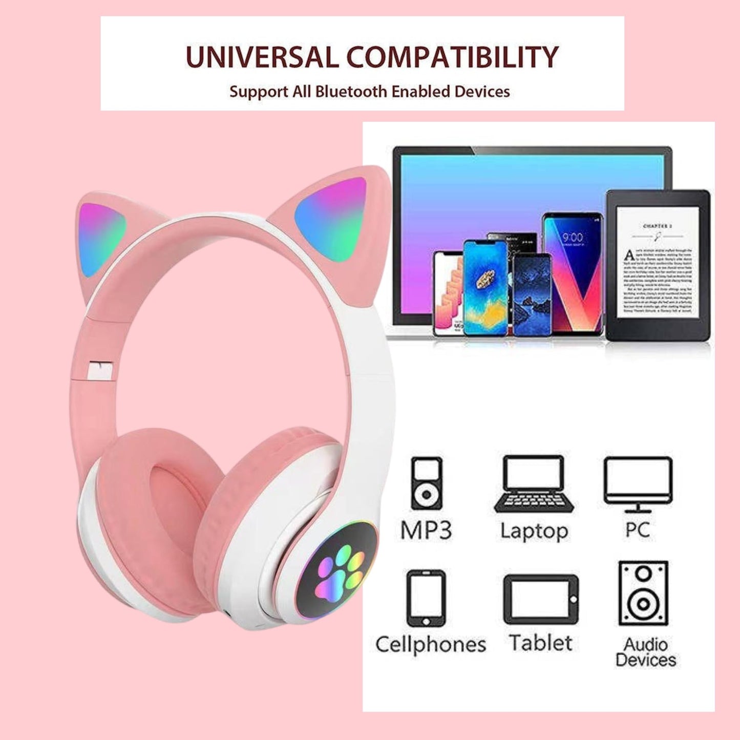 YUSONIC Cat Ear Bluetooth Headphones for Kids & Adults, Wireless Foldable & Wired Multi-Function LED Light Up Over Ear Headphones with Mic and Volume