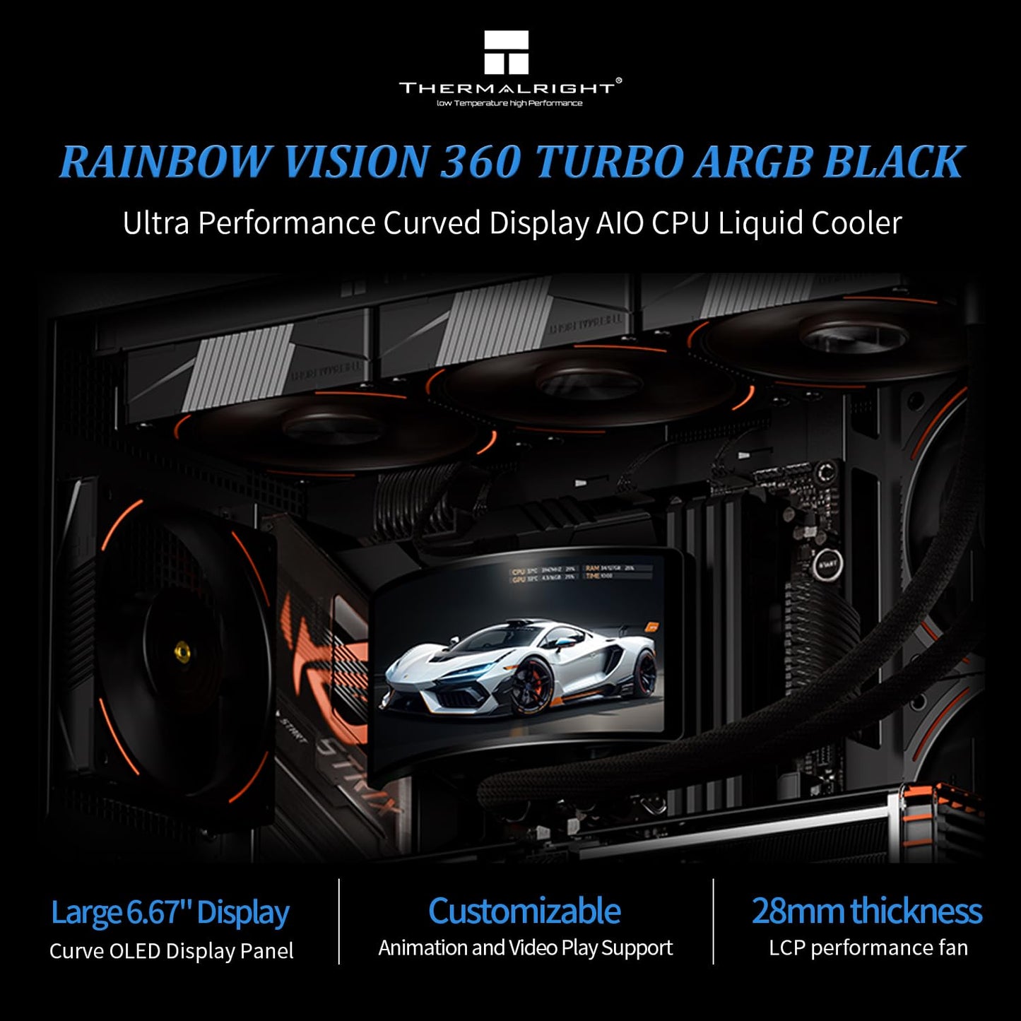 Thermalright Rainbow Vision 360 Turbo ARGB Black 360mm Aio Cooler, 60HZ Curved Screen with 2400x1080 Resolution,for AM4/AM5,Intel LGA1851/1700,6.67in
