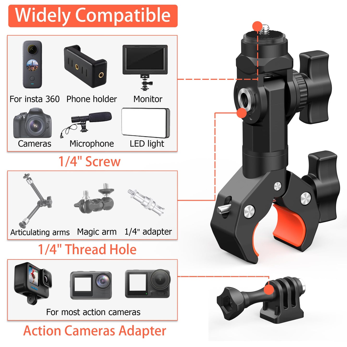 Bike Motorcycle Handlebar Camera Clamp Mount for Gopro Insta360 X5 X4 X3 X2 ONE RS R Mevo Start DJI Action Cameras, Super Clamp Bracket with 1/4"