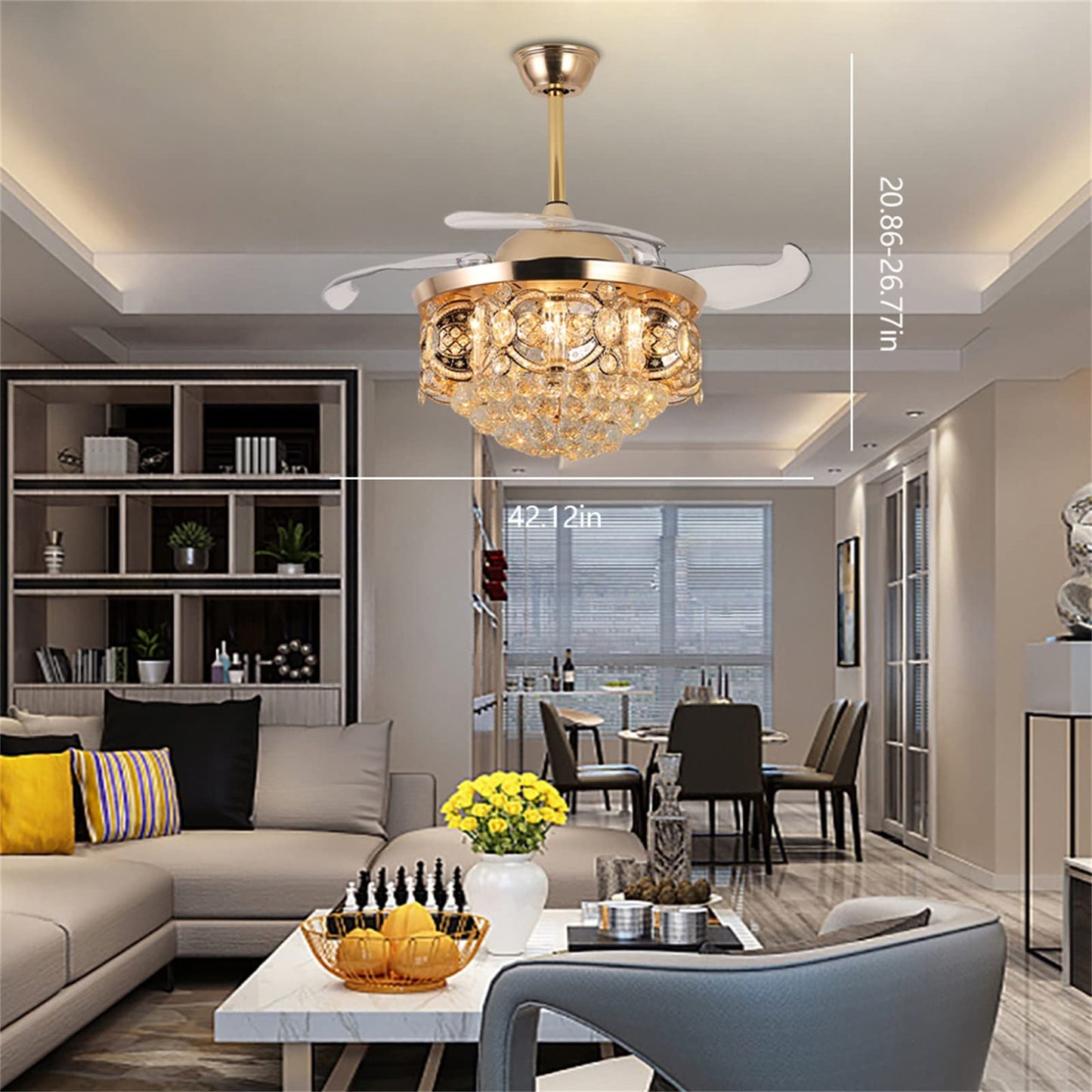 YIYIBYUS 42 Inch Luxury K9 Crystal LED Chandeliers Controller Retractable Ceiling Fans Lighting,Modern Dimmable Pendant Fandelier for Bedroom Living