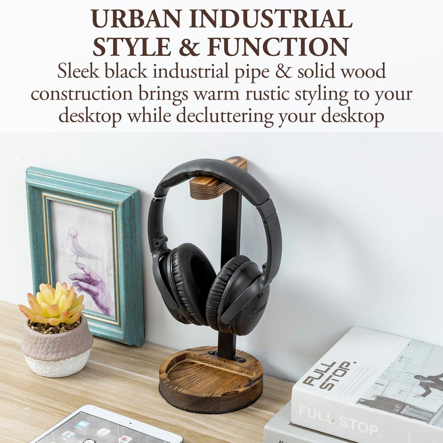 MyGift Deluxe Urban Matte Black Metal Headphone Stand with Rustic Solid Wood Base, Desktop Office Gaming Headset Holder Pedestal Display Rack