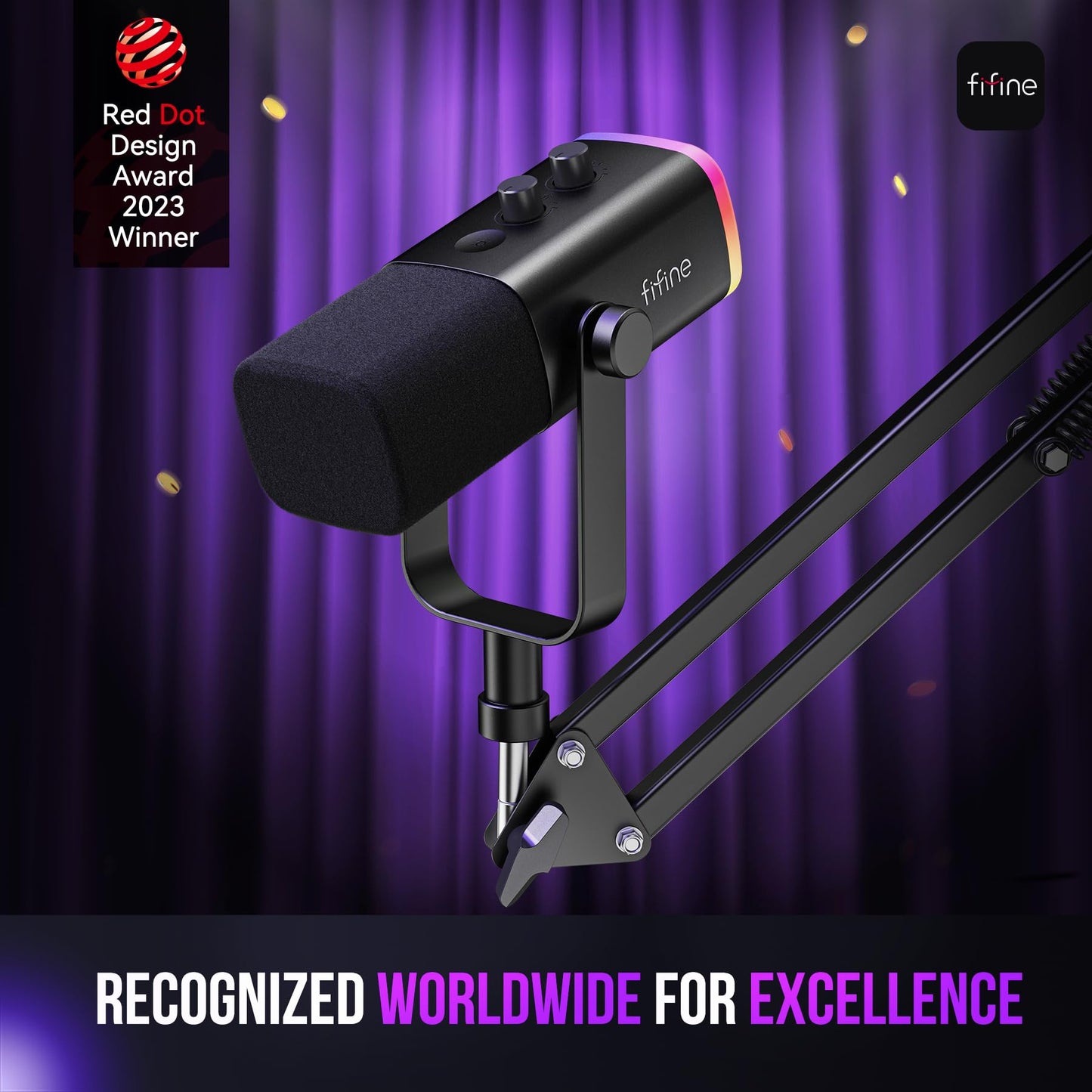 FIFINE XLR/USB Gaming Microphone Set, Dynamic PC Mic for Streaming Podcasting, Computer RGB Mic Kit with Boom Arm Stand, Mute Button, Headphones Jack