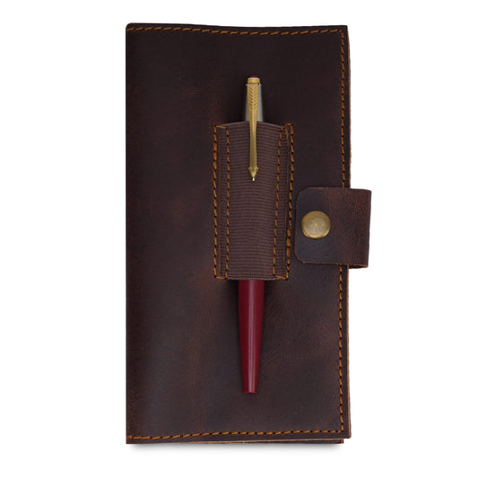 CestAntiQ Distressed Leather Checkbook Cover with Pen Holder - Handmade Executive Checkbook Wallet for Men, Women, Slim and Stylish Organizer (Brown)