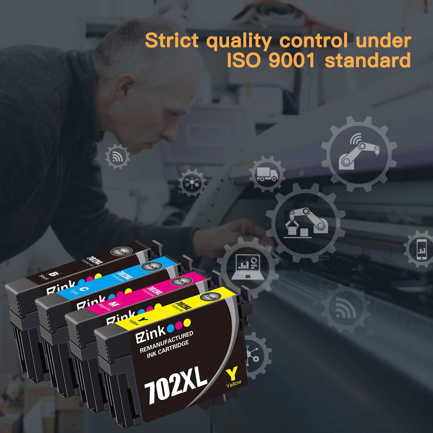 E-Z Ink (TM) Remanufactured Ink Cartridge Replacement for Epson 702XL 702 T702XL T702 to use with Workforce Pro WF-3720 WF-3733 WF-3730 Printer (4
