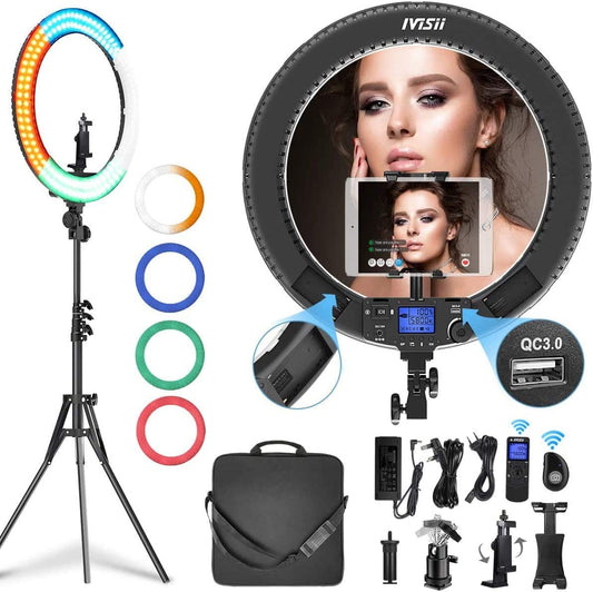 19 inch Ring Light with Remote Controller and Stand iPad Holder,60W Bi-Color with 4 Color Soft Filters for Live Stream/Makeup/YouTube