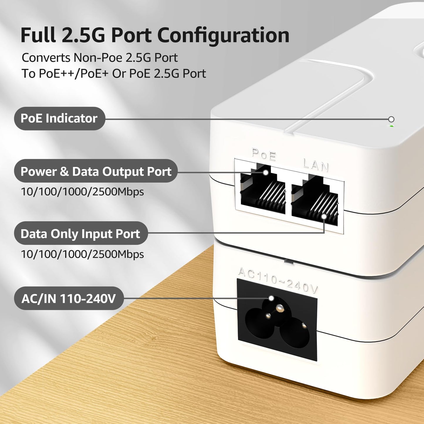 YuanLey 2.5G PoE Injector 30W, PoE+ Injector Converts Non-PoE to PoE+, 52V IEEE 802.3at/af, 10/100/1000/2500Mbps Ethernet PoE Adapter Plug & Play