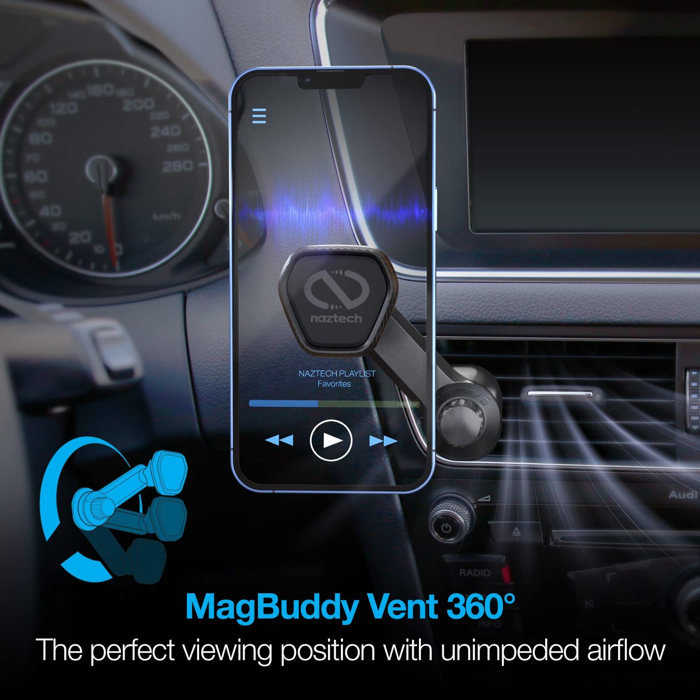 Naztech MagBuddy Elite 360 Magnetic Phone Holder for Car - Magnetic Phone Mount for Car for Dashboard & Air Vent with Universal Hook and Rotatable Arm