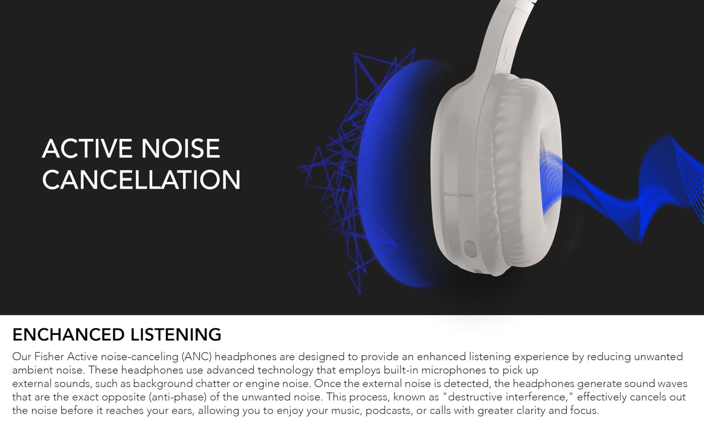 Fisher Active Noise Cancelling Headphones, Over Ear Wireless Bluetooth 5.3 w Microphone, Lightweight Comfortable Headset for Home Travel, 16H…