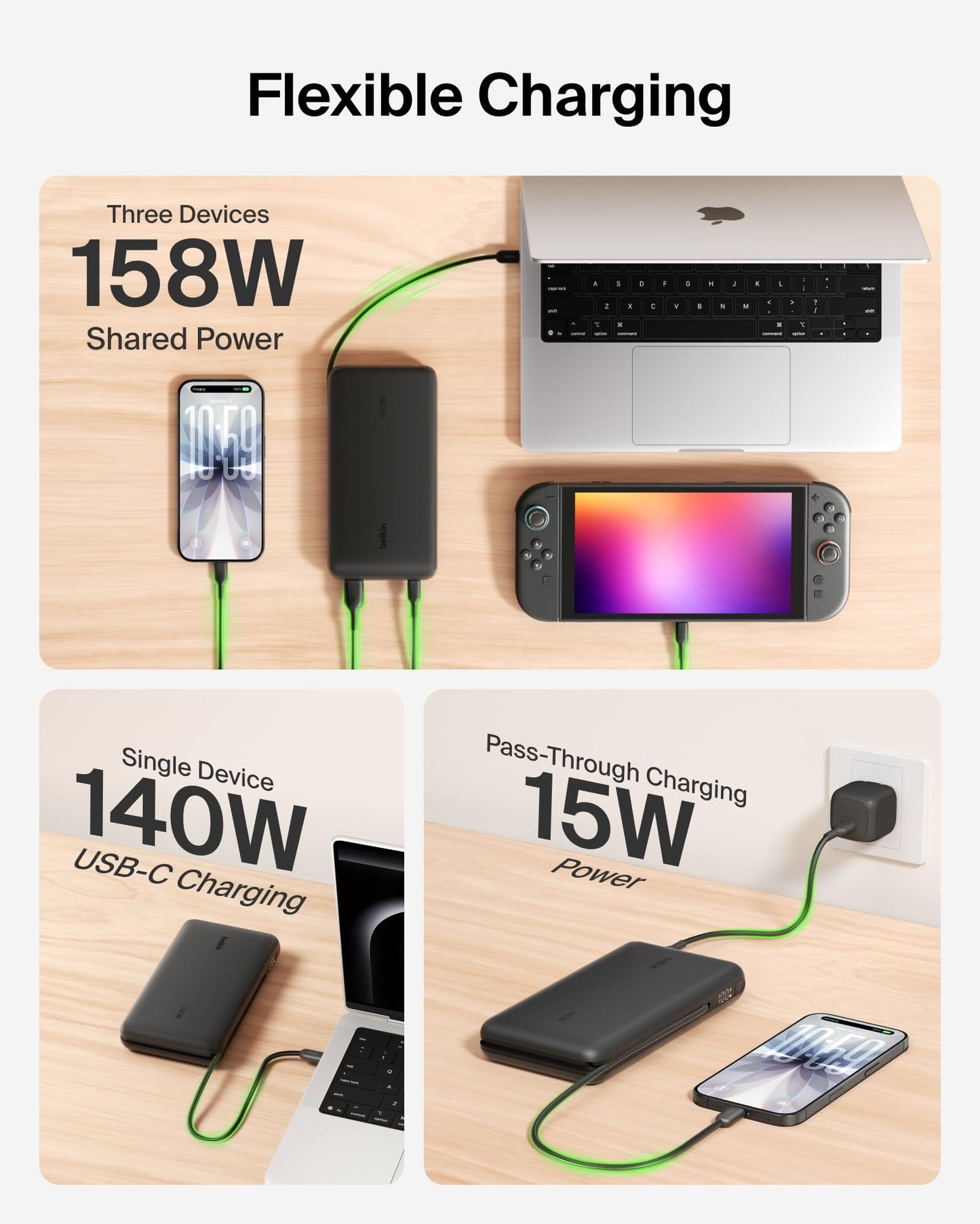 Belkin Portable Charger 25K, Power Bank with Integrated USB C Cable, 158W - Fast Charging Laptop Portable Battery Pack for MacBook Pro 14, iPhone 17