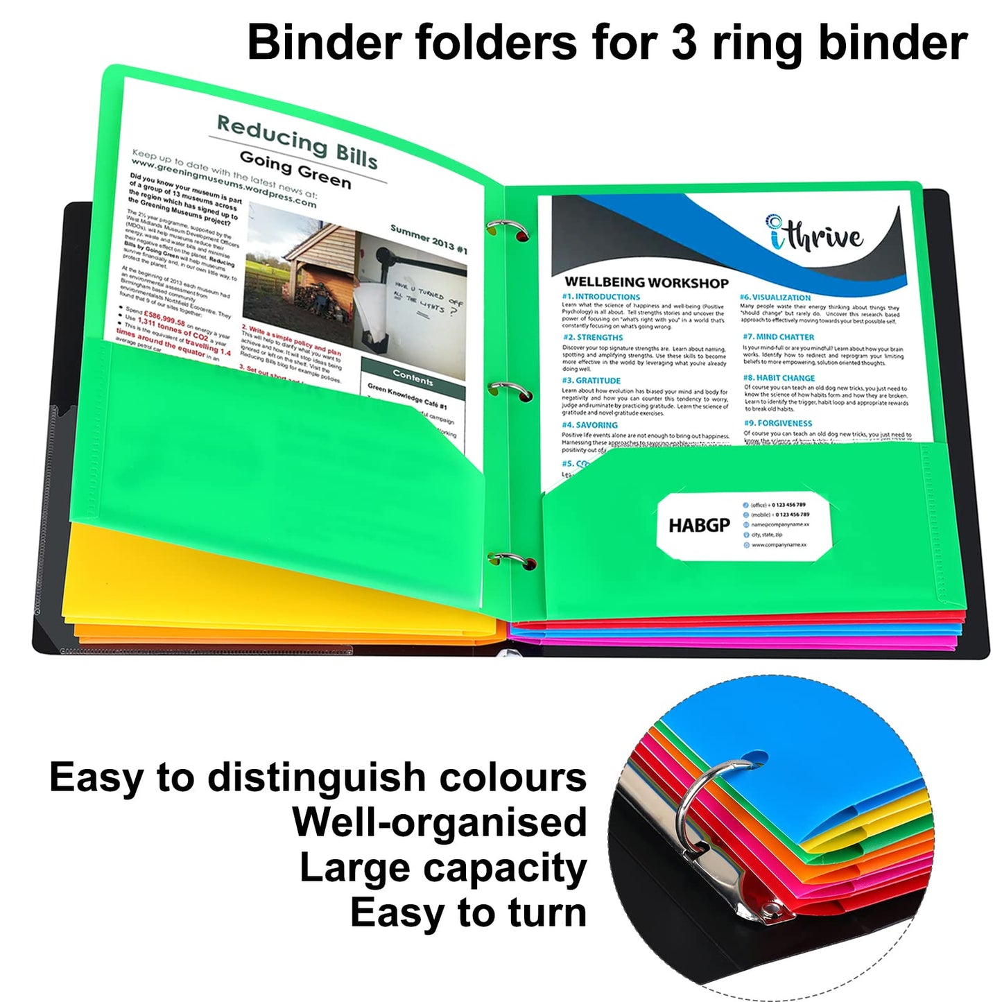 6 Pack Colored Folders with Pockets 3 Hole Punched, Plastic, Binder Folders