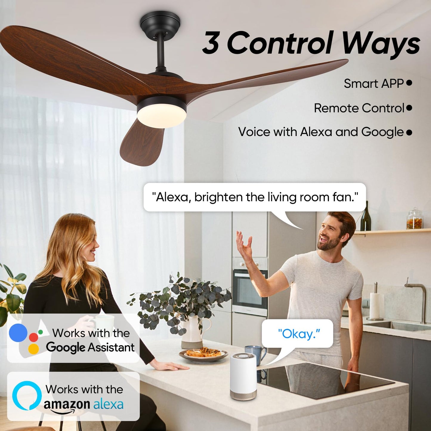 Baotree 52" Smart Low Profile Ceiling Fans with Lights and Remote, Flush Mount Ceiling Fan Control with WIFI/APP/Alexa/Google, Outdoor Indoor Walnut