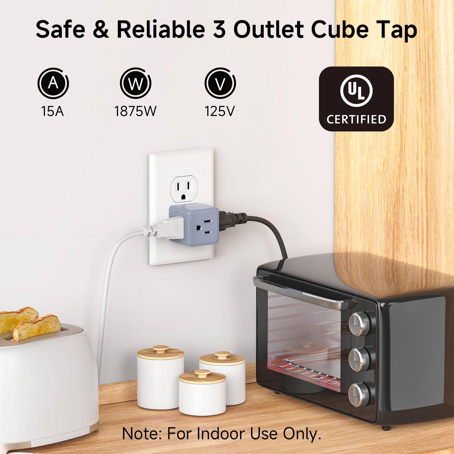 Cable Matters [UL Listed] 3-Pack 3 Outlet Wall Adapter (Grounded Cube Tap, Outlet Splitter, 3 Way Plug Adapter, 3-Prong Power Splitter), Gray