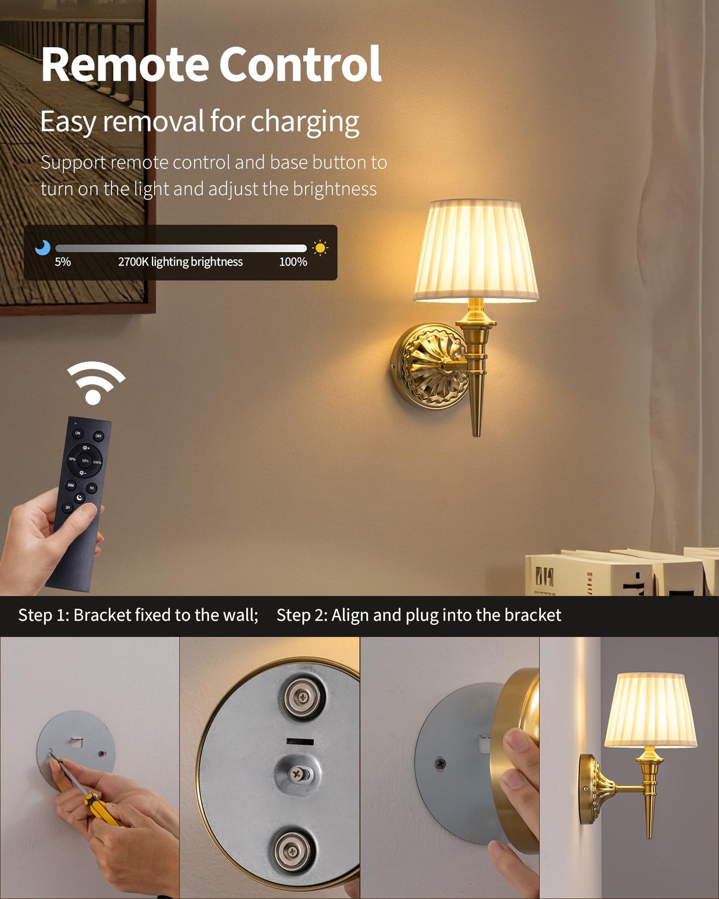 KDG Cordless Wall Sconces Set of 2, Small Wireless 5200mAh Rechargeable Battery Fabric LED Wall Lamps, Portables Lightings for Wall Painting, Living