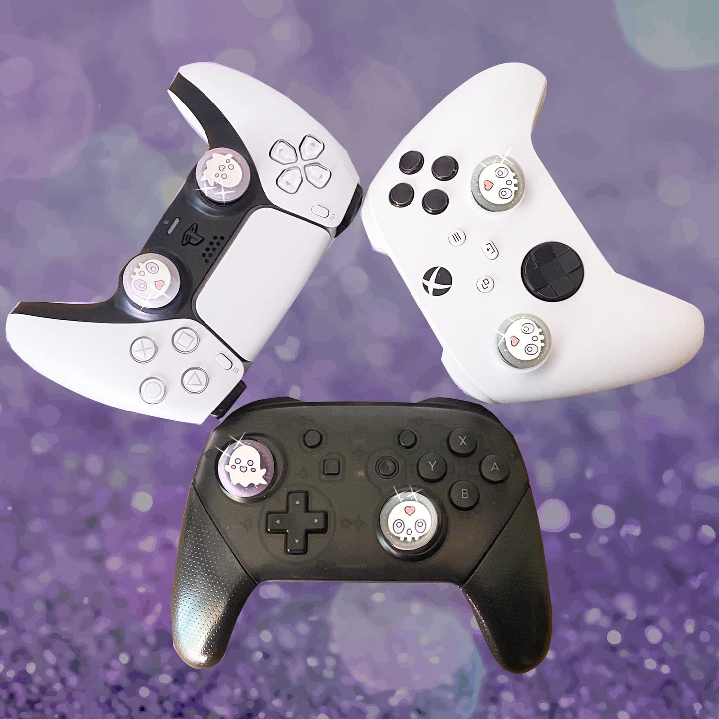 BelugaDesign Ghost Thumb Grips | Big Glitter Halloween Gothic Clear Jelly Joystick Grip Button Caps | Compatible with Sony Play Station PS5 PS4 X Box