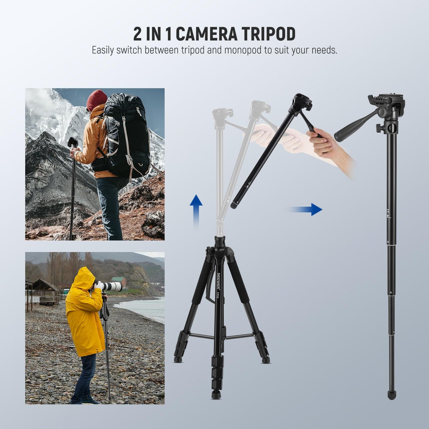 NEEWER Basics TP05 74" Video Tripod Monopod, 3 Way Pan Tilt Head Phone Holder Compatible with iPhone DSLR, Travel Recording Stand, Overhead Camera