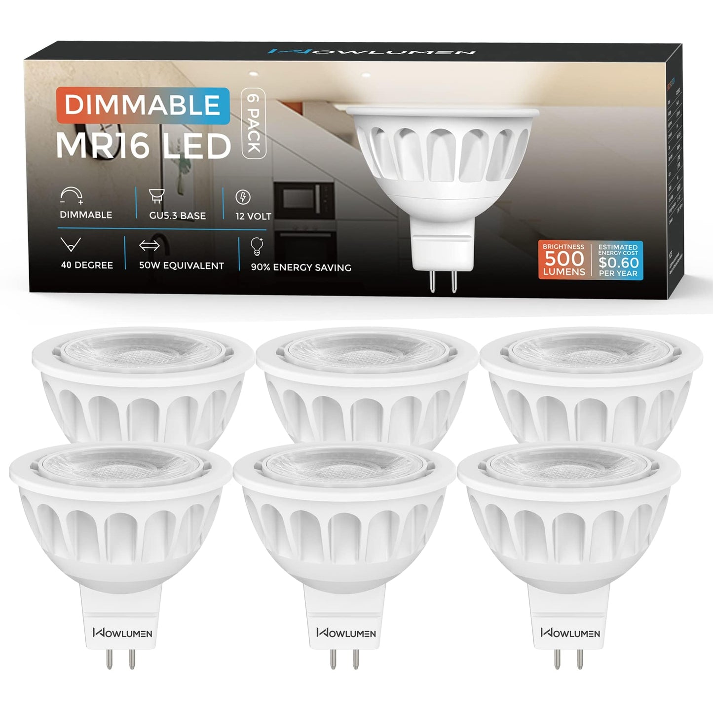 WOWLUMEN MR16 LED Bulbs Dimmable,50W Halogen Replacement, 5000K Cool White GU5.3 Bi-Pin Base,40-Degree Narrow Beam Angle,5W 12V AC DC Indoor Outdoor