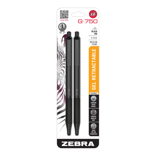 Zebra Pen G-750 Black Brass Retractable Gel Pen, Black Ink, 0.7mm, 2-Pack
