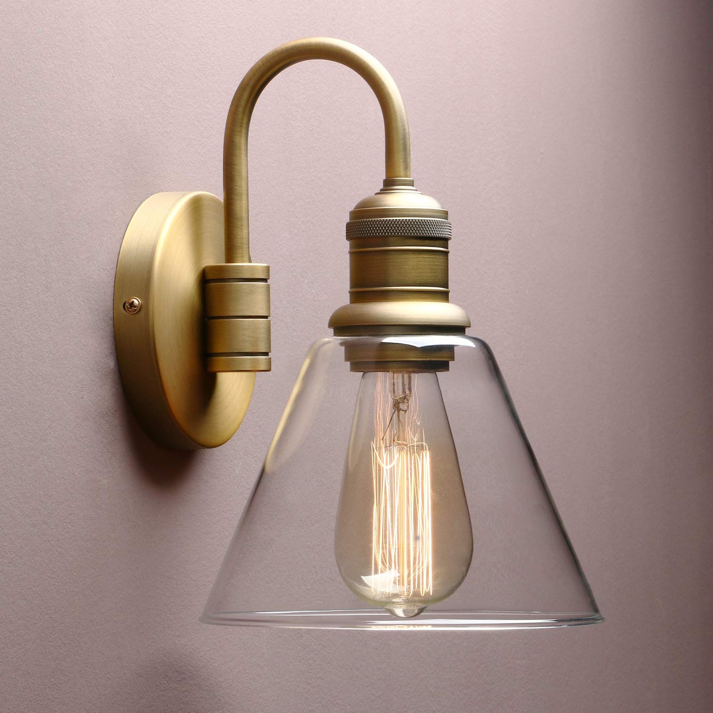 Yosoan 1-Light Brass Modern Vintage Indoor Wall Sconce, Vanity Single Luxury Hardwired Retro Textured Clear Funnel Flared Glass Shade with Industrial